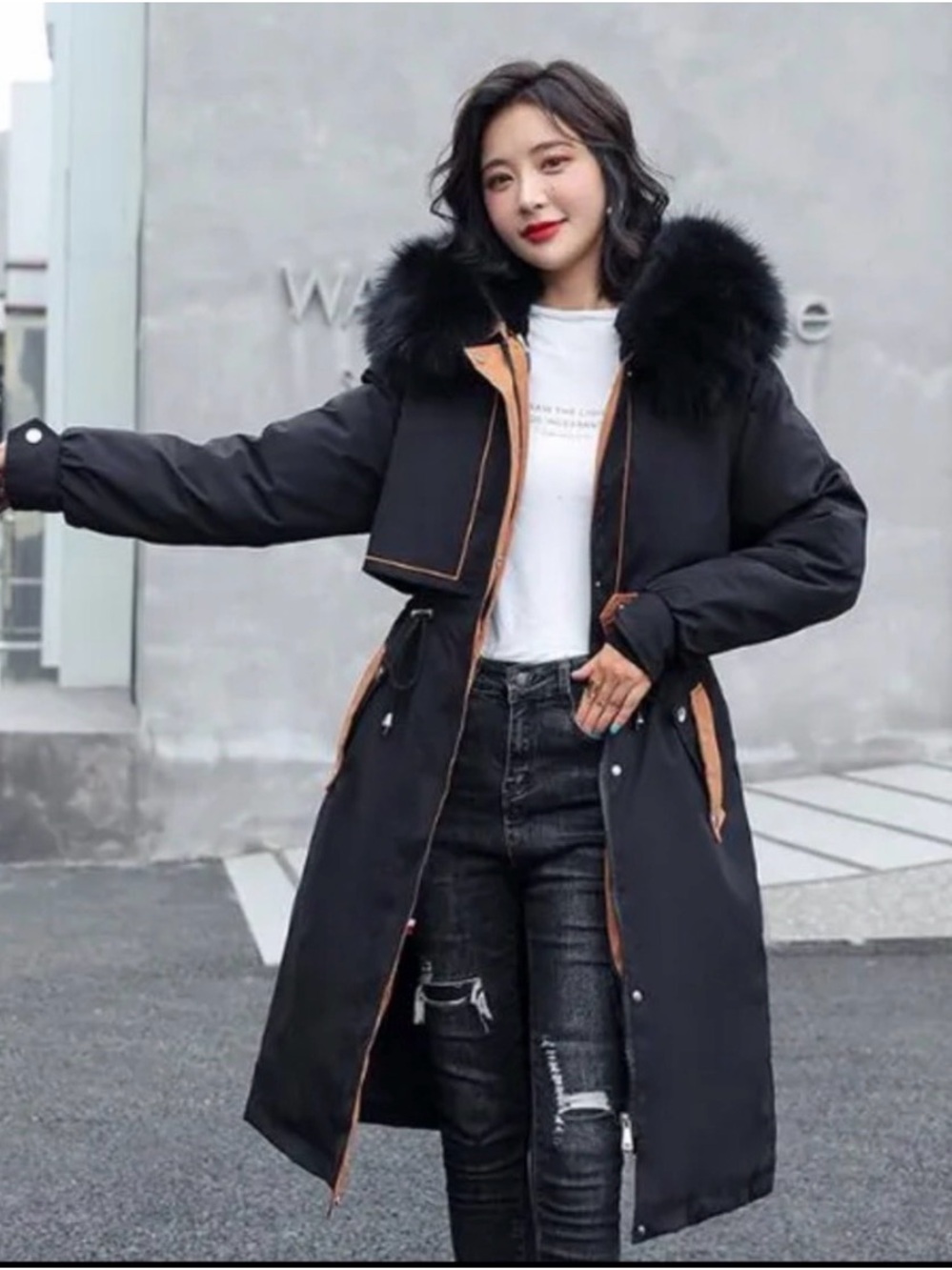 Green Long Puffer Coat with Faux Fur Hood